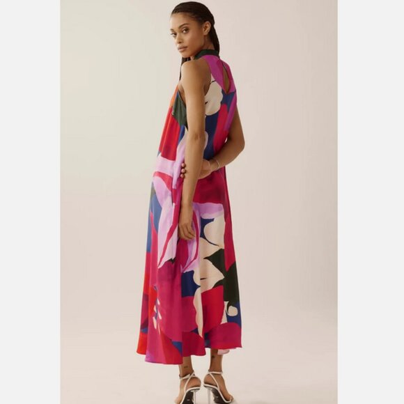 Farm Rio Anthropologie Halter Maxi Dress Floral Watercolor Size XL NWT - Picture 2 of 5